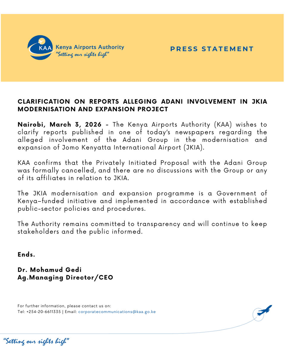 The Kenya Airports Authority dismisses media reports that it is engaged in talks with Adani Group to expand the Jomo Kenyatta International Airport (JKIA)