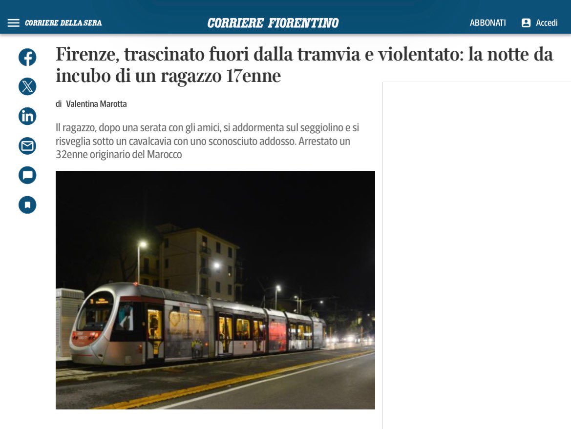 fratotolo2's tweet image. Firenze, dopo essersi addormentato in tram, un ragazzo di 17 anni è stato trascinato in strada e violentato da un 32enne marocchino, già condannato per reati contro il patrimonio e con diverse diverse denunce a carico.