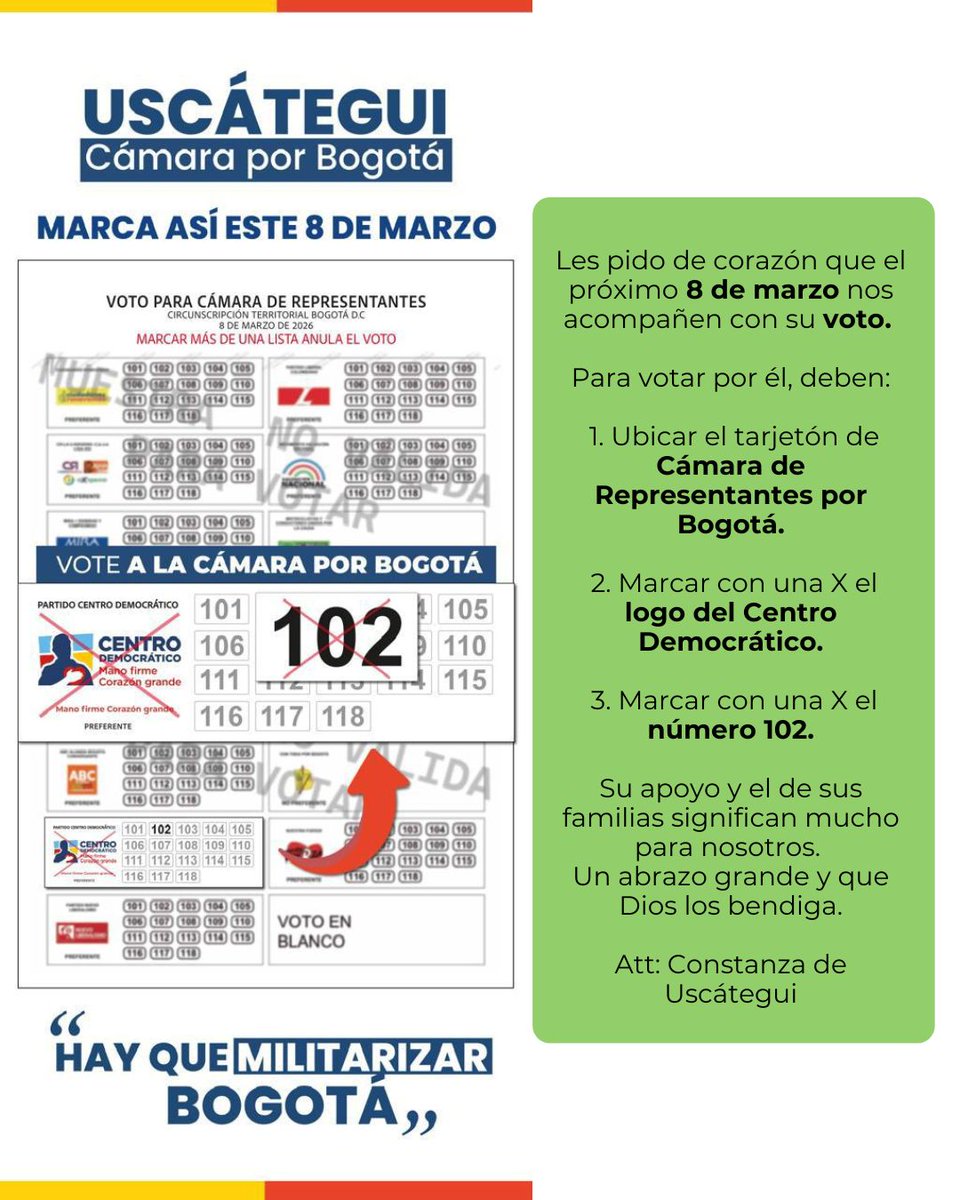 Nuestros padres siempre han estado a nuestro lado para guiarnos y ayudarnos a cumplir sueños. Este 8 de marzo, nuestros amigos dicen sí a la militarización de Bogotá, dicen sí a <a href="/jjUscategui/">Jose Jaime Uscátegui</a> marcando 102 del Centro Democrático.