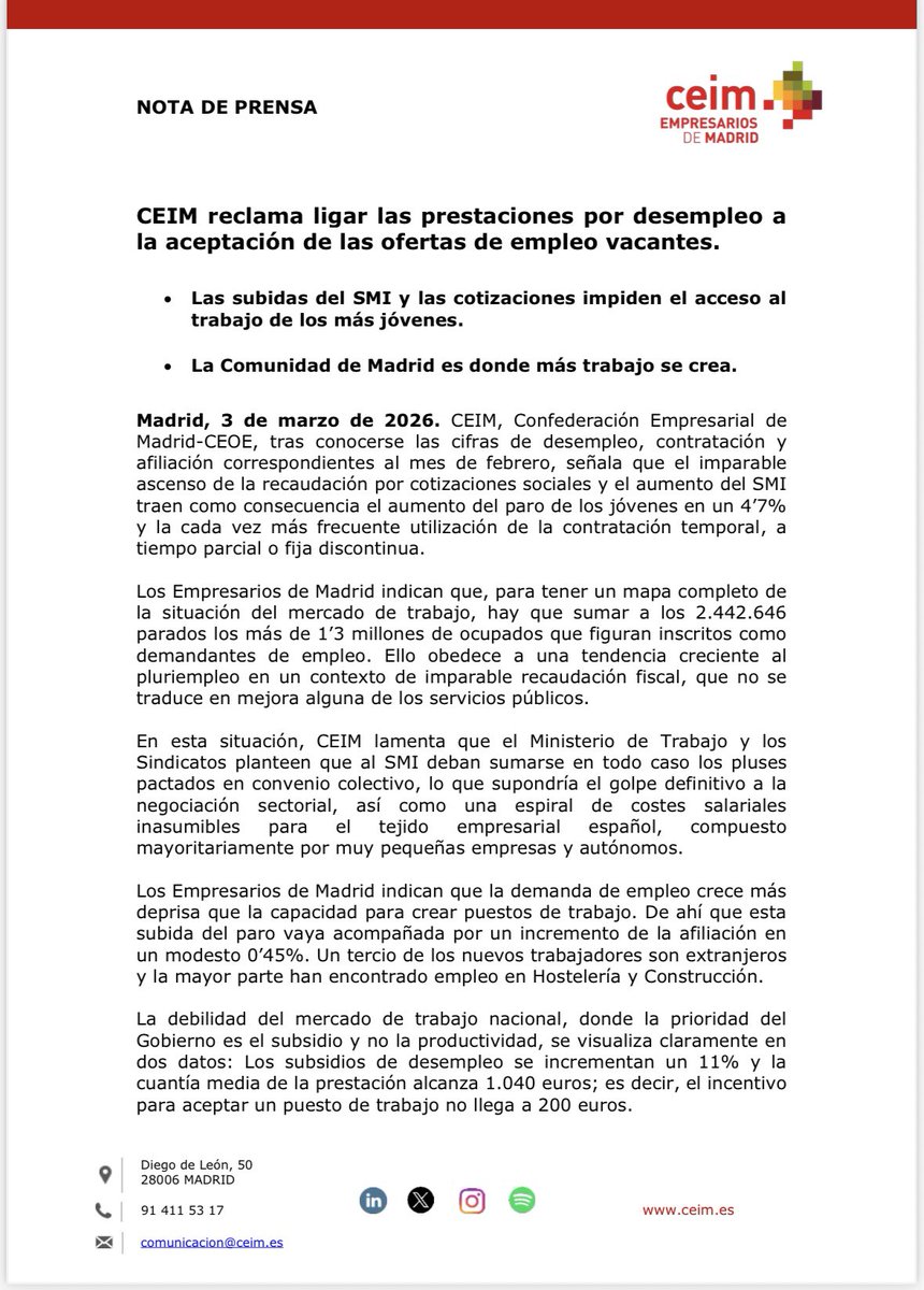 _CEIM_'s tweet photo. 🔴 #ComunicadoCEIM | @_CEIM_ reclama ligar las prestaciones por #desempleo a la aceptación de las ofertas de empleo vacantes.
 
📍 La Comunidad de #Madrid es la que más afiliados tiene de España, creando el 23% de todos los puestos de #trabajo en el último año. https://t.co/FGgCtFtvEI