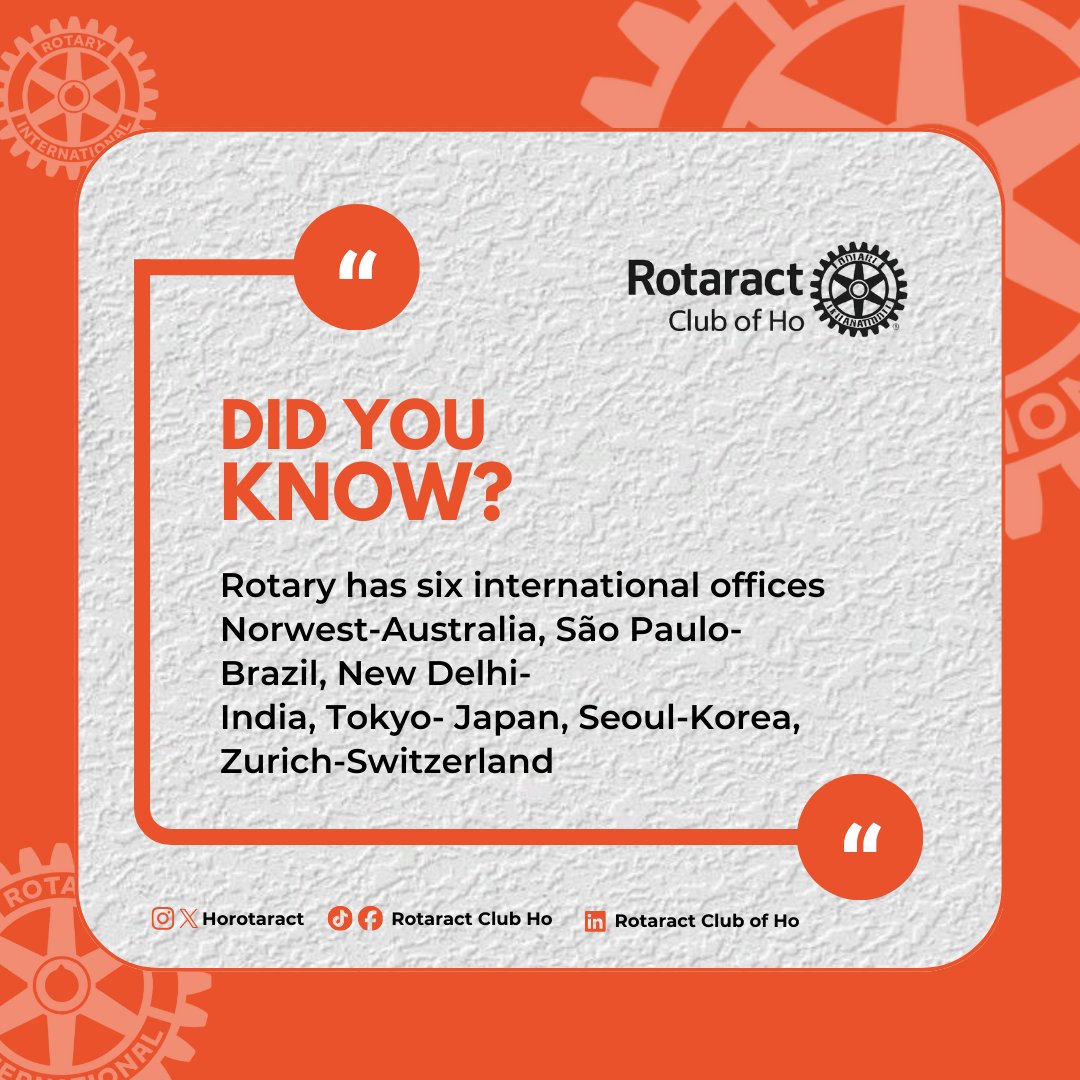 Did you know?

Rotary International operates 6 international offices worldwide — Australia, Brazil, India, Japan, Korea &amp; Switzerland.

Service. Leadership. Global impact. 💙

#DidYouKnow #PeopleOfAction #RotaractHo