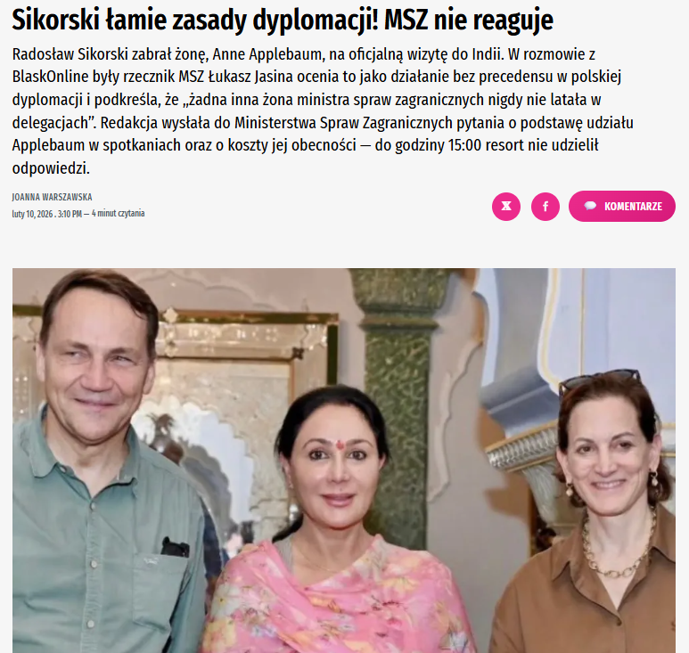 Sikorski zabiera w podróż dyplomatyczną małżonkę, zabiera ją na spotkania z dyplomatami - z jakiej racji? 

Kim Pani Applebaum jest, by uczestniczyć w tego typu rozmowach? Ktoś ją do MSZu powołał? Ktoś wybrał? 

No i kto za to wszystko płaci?