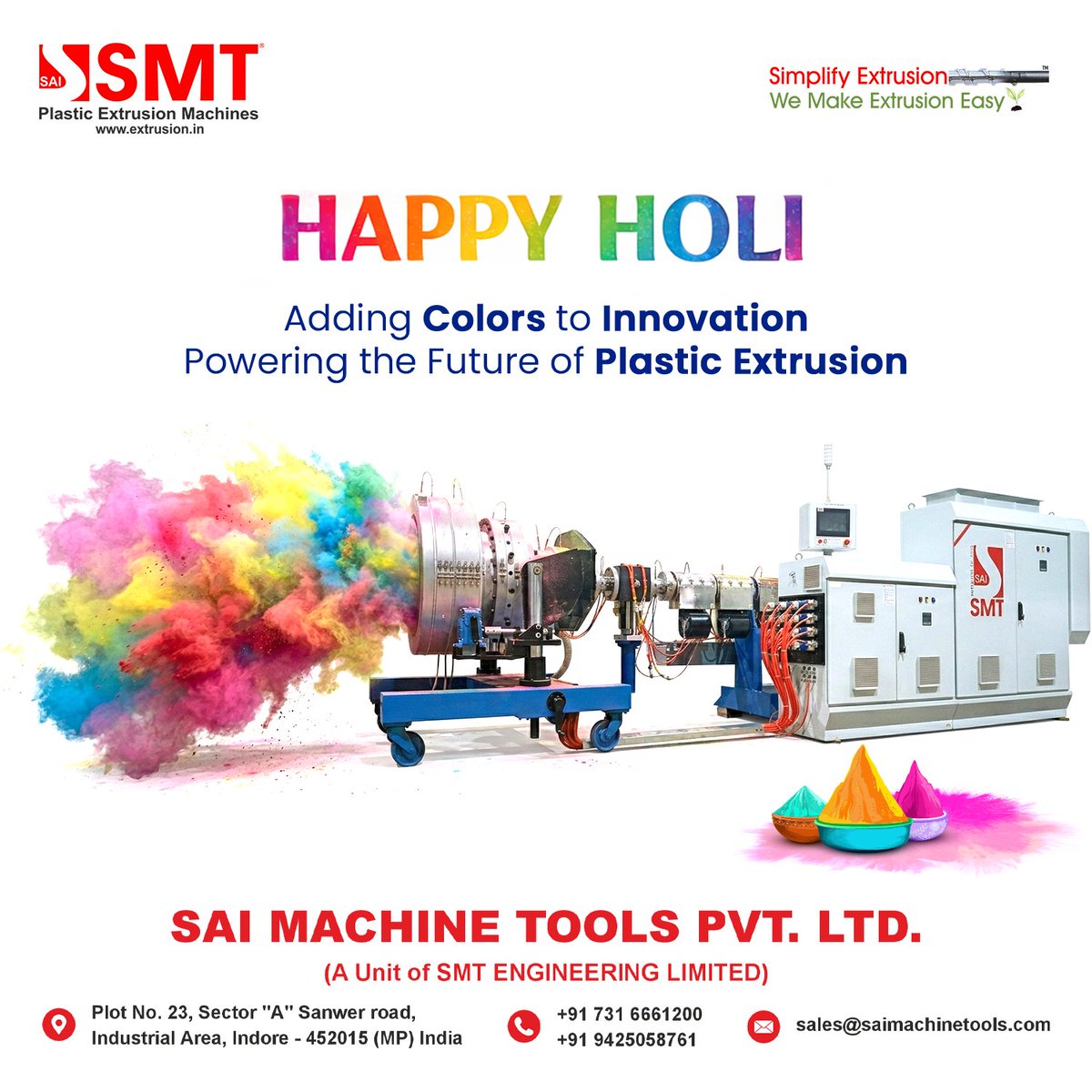 saimachinetools's tweet photo. Happy Holi! 🌈
Sai Machine Tools Pvt. Ltd. wishes you happiness, success, and colorful new beginnings.
Let’s grow together!
#HappyHoli #SaiMachineTools #PlasticExtrusion https://t.co/CpIUnaZwWc