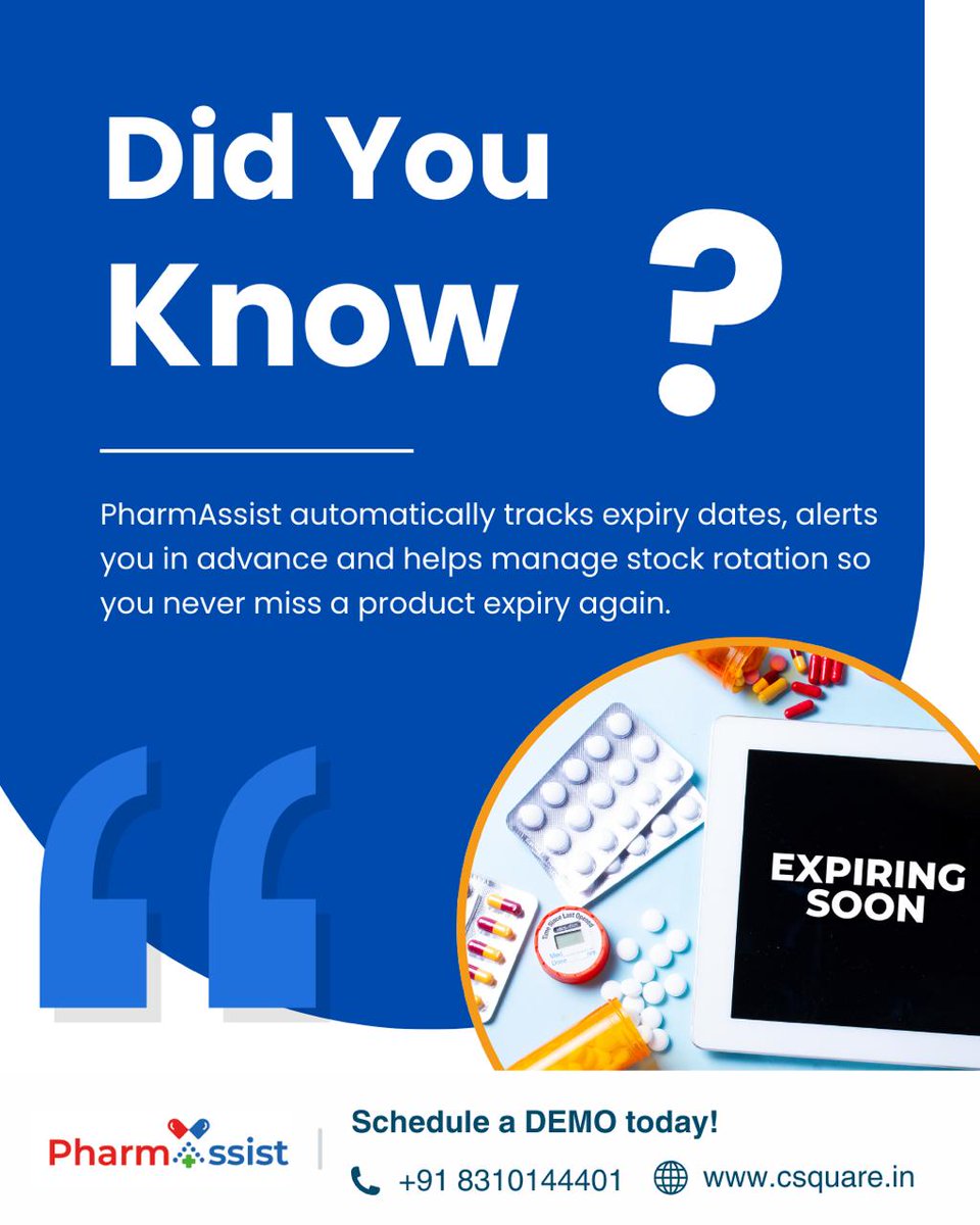 C_SQUARE_INFO's tweet image. PharmAssist keeps you ahead of stock expiries with automated alerts and smart inventory tracking.

Schedule a demo today:
📞 8310144401
🌐 csquare.in/pharmassist

#PharmAssistFacts #DidYouKnow #CSquare #InventoryManagement #ExpiryTracking #SmartDistribution #PharmaDistribution