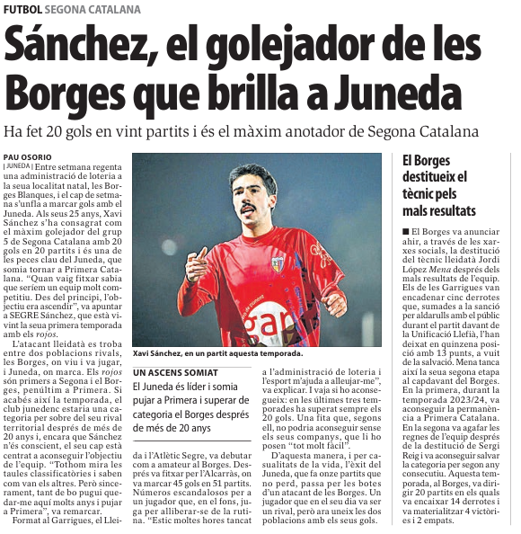 pauosorio40's tweet photo. ⚽️Les Borges i Juneda són dues poblacions històricament separades per la seva rivalitat al futbol, però que ara s'uneixen amb els gols de Xavi Sánchez, el màxim golejador del grup 5 de Segona Catalana amb 20 gols en vint partits. https://t.co/8RtboZN6B7