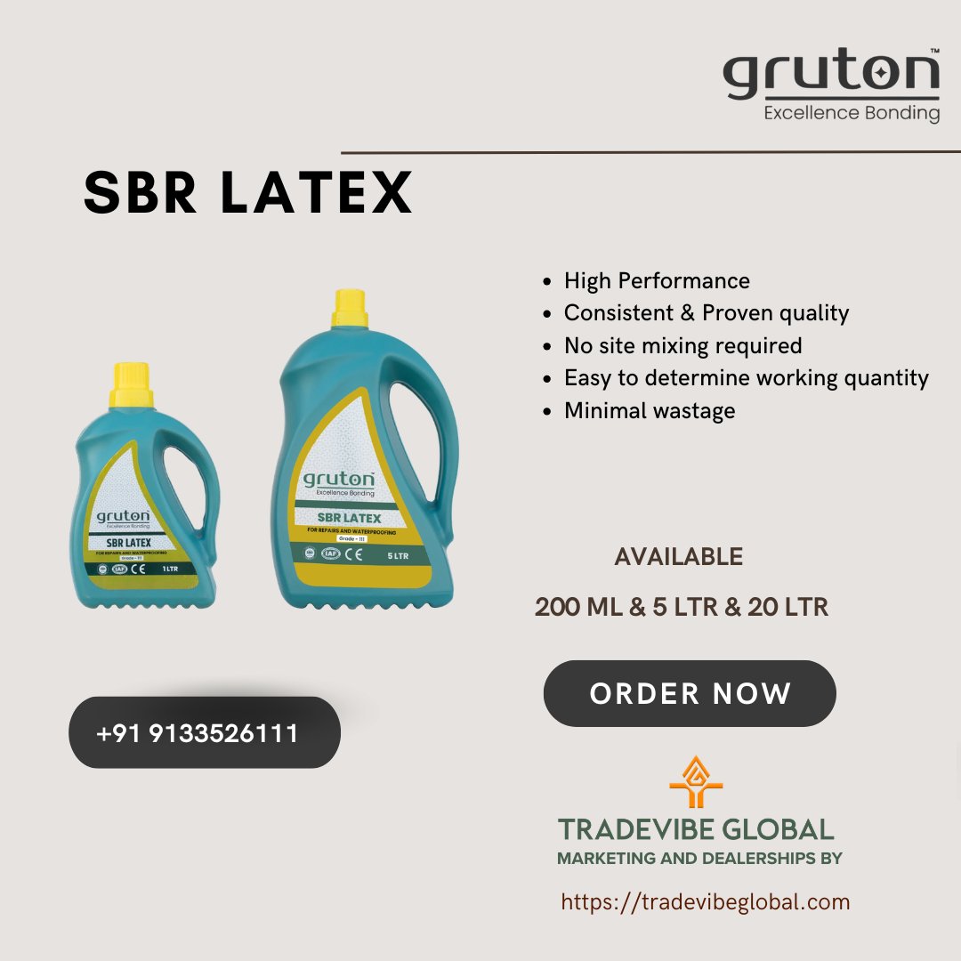 Grutontsap's tweet image. Introducing Gruton SBR Latex – 111
 Available Pack Sizes: 200 ML | 5 LTR | 20 LTR
 Bulk Orders &amp;amp; Dealership Enquiries: +91 9133526111
 tradevibeglobal.com
Gruton – Excellence Bonding.

#SBRLatex #ConstructionChemicals #WaterproofingSolutions #TradeVibeGlobal #Gruton