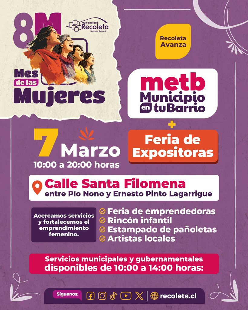 Muni_Recoleta's tweet photo. 💜 Municipio en Tu Barrio Mujer – Recoleta 2026

Este 7 de marzo llevamos nuestros servicios directamente al territorio con una jornada especial en el marco del Mes de las Mujeres.

📍 Calle Santa Filomena, entre Pío Nono y Ernesto Pinto Lagarrigue. https://t.co/HWRucDBUsu