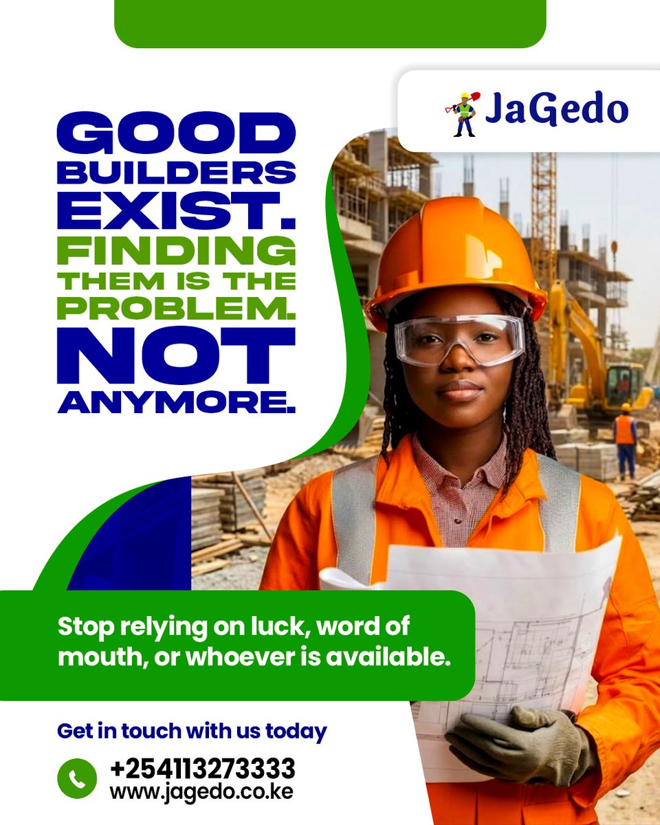 Avoid costly building mistakes.

We pre-screen construction professionals so you work with credible, accountable teams.

Build smarter. Start here jagedo.co.ke/signup

#ConstructionKenya #TrustedExperts #BuildBetter