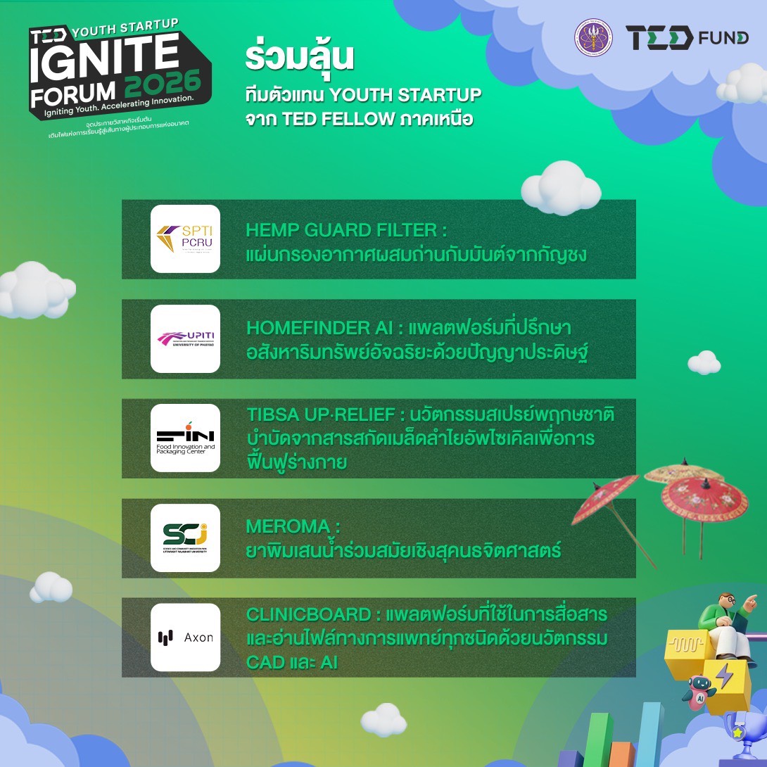 Tedfund_'s tweet image. จุดประกายไอเดียหื้อไฟลุกโชน! TED Youth Startup – POC (Proof of Concept) เวทีของคนรุ่นใหม่ ที่จะเปลี่ยน “ไอเดียในฝัน” หื้อกลายเป็น “ธุรกิจจริง” 

6 มีนาคม 2569 เวลา 08.30 – 15.00 น. ณ มหาวิทยาลัยเชียงใหม่ 

#TEDFund #YouthStartup #IgniteYourIdea #POC