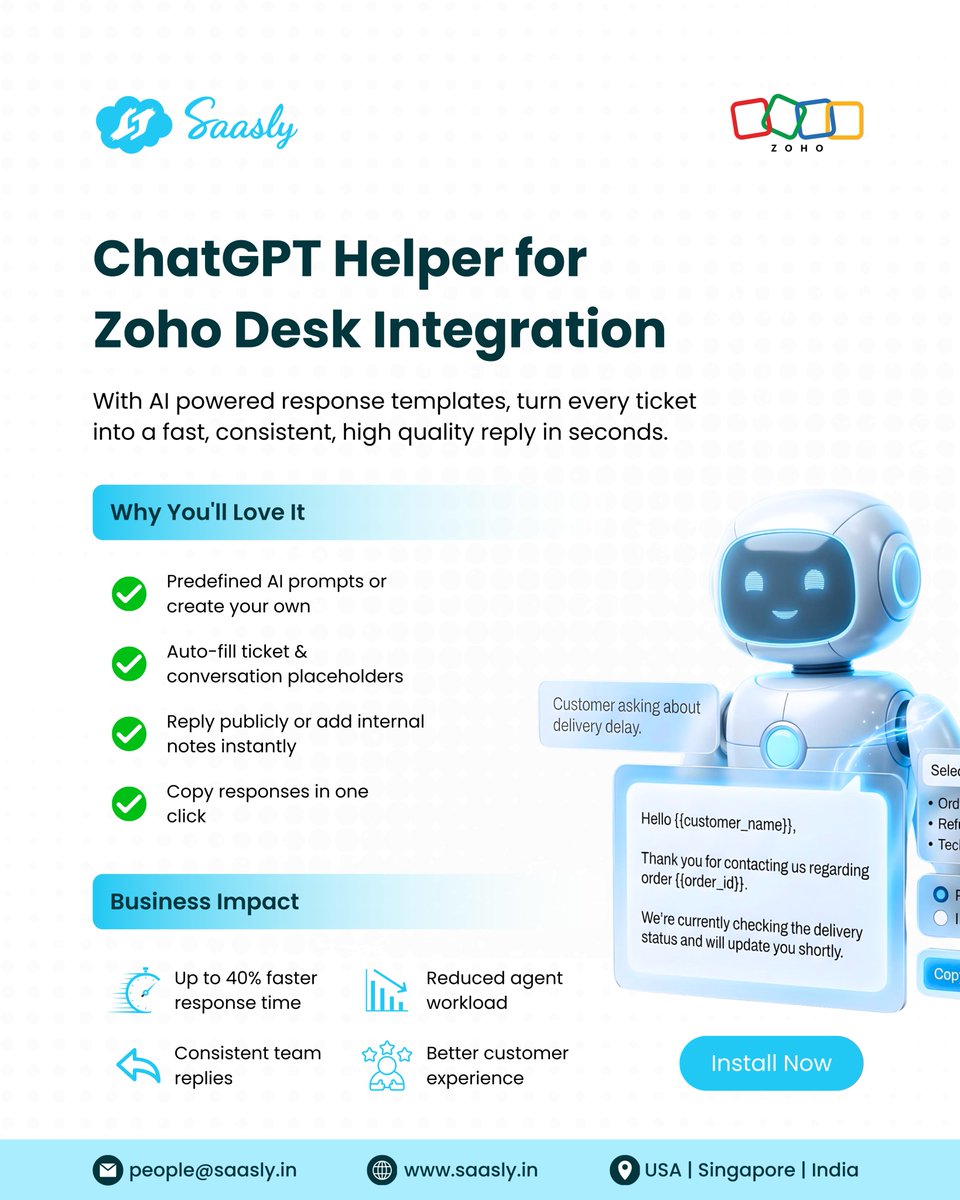 saasly_'s tweet image. Respond 3X faster ⚡ without hiring 👥❌

AI-powered templates turn every ticket into a clear, consistent reply in seconds 🤖✨
Less typing. Zero burnout. 🚀

Now live on Zoho Marketplace 🛒

#ZohoDesk #AIforSupport #CustomerSupport #SaaS #Saasly #ChatGPT