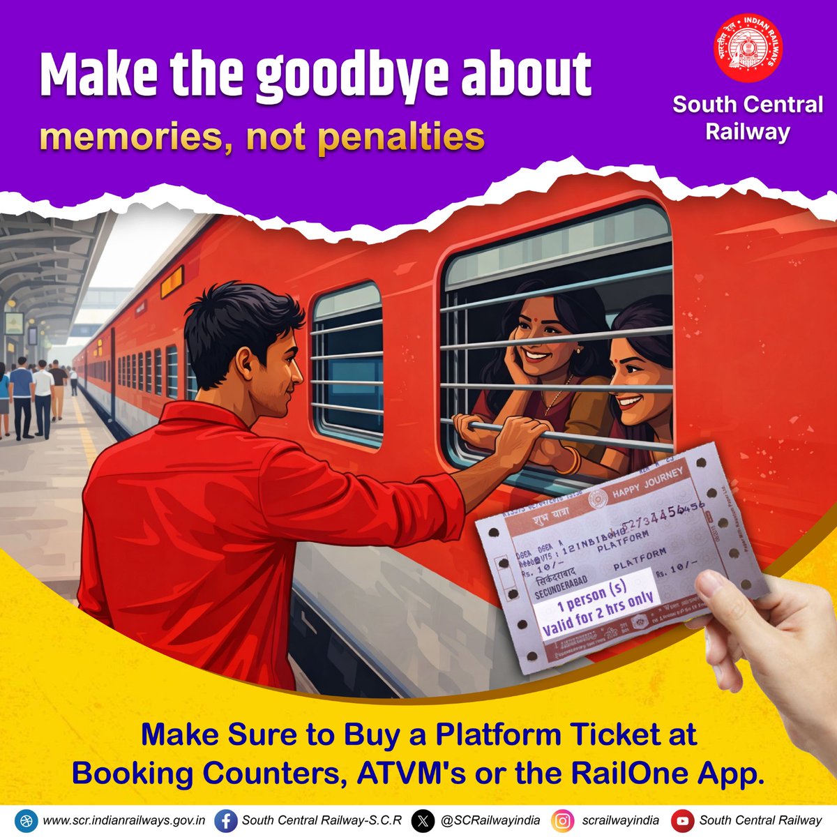 drmsecunderabad's tweet image. Make every farewell special, not stressful ! 🚆

Before entering the platform to see off your loved ones, please buy a valid platform ticket from the booking counter, ATVM or RailOne App !
Avoid penalties and travel responsibly✨
#PlatformTicket #TravelSmart #SafeJourney #SCR