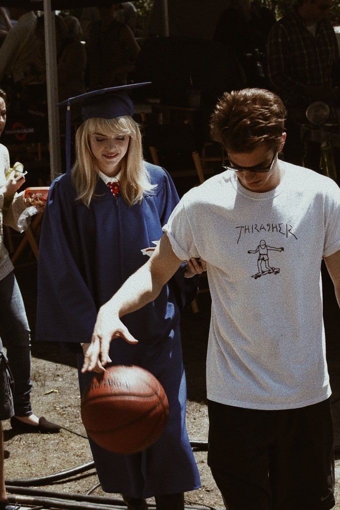Emma Stone and Andrew Garfield on the set of The Amazing Spider-Man 2, 2013