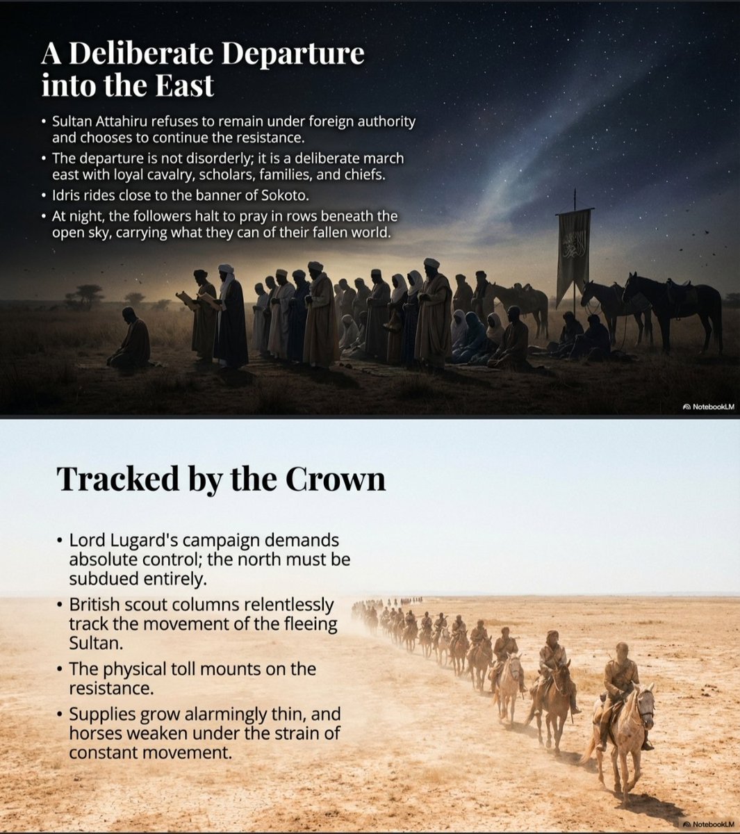 FictionXHistory's tweet photo. The Sultan refused to surrender &amp; left Sokoto with loyal followers, riding east. At Burmi, they took turns praying through the night. At dawn, British rifles &amp; Maxim guns tore across the plain. Idris rode into chaos, watching the Sultan fall. His last thought lingered on loyalty. https://t.co/cMLZHDOZoB