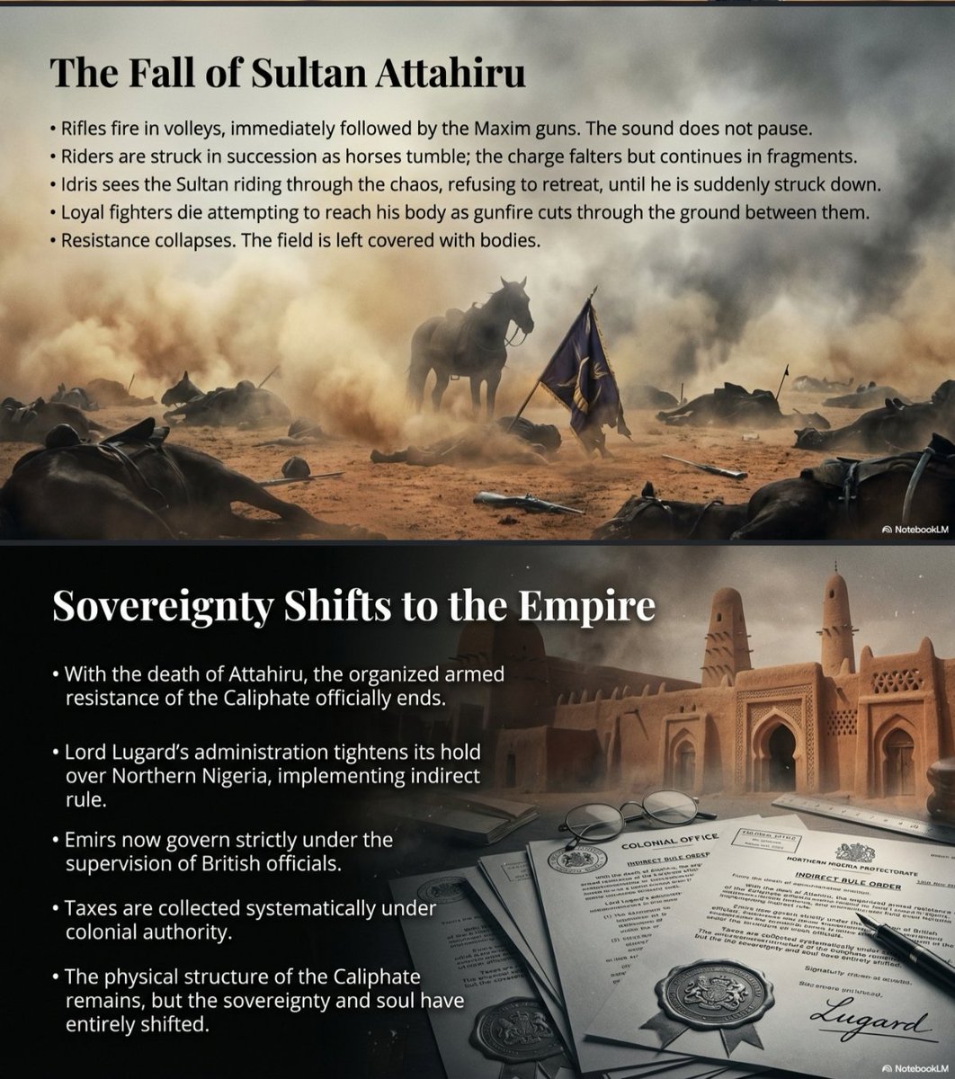 FictionXHistory's tweet photo. The Sultan refused to surrender &amp; left Sokoto with loyal followers, riding east. At Burmi, they took turns praying through the night. At dawn, British rifles &amp; Maxim guns tore across the plain. Idris rode into chaos, watching the Sultan fall. His last thought lingered on loyalty. https://t.co/cMLZHDOZoB