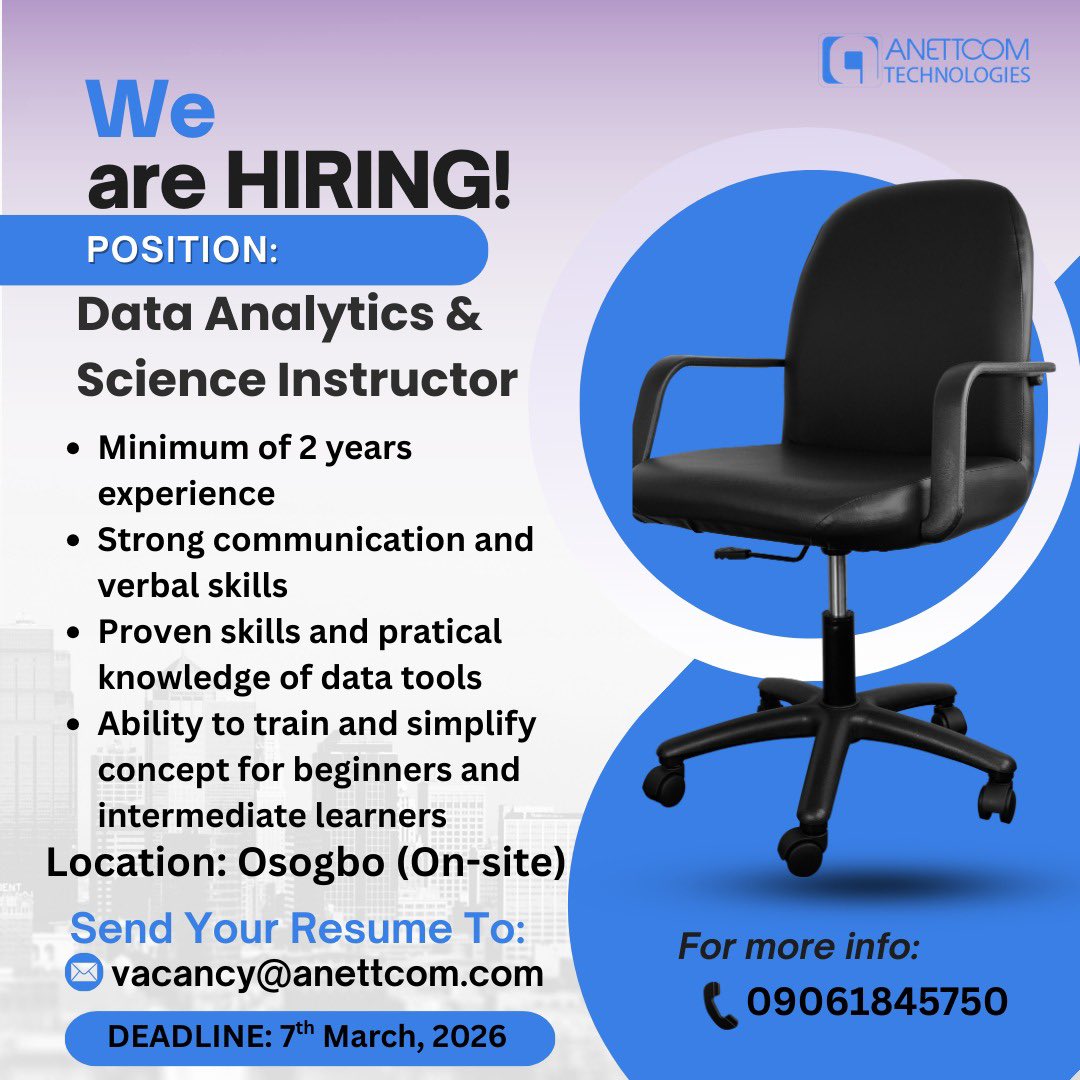 We are Hiring!!!

Are you passionate and career-driven??Anettcom Technologies Academy is hiring for these roles👇🏽👇🏽

📍Osogbo (On-site)
Deadline: 7th March, 2026
Send ur CV to vacancy@anettcom.com
For more info chat or call: 09061845750

#jobopportunity #vacancy #applynow
