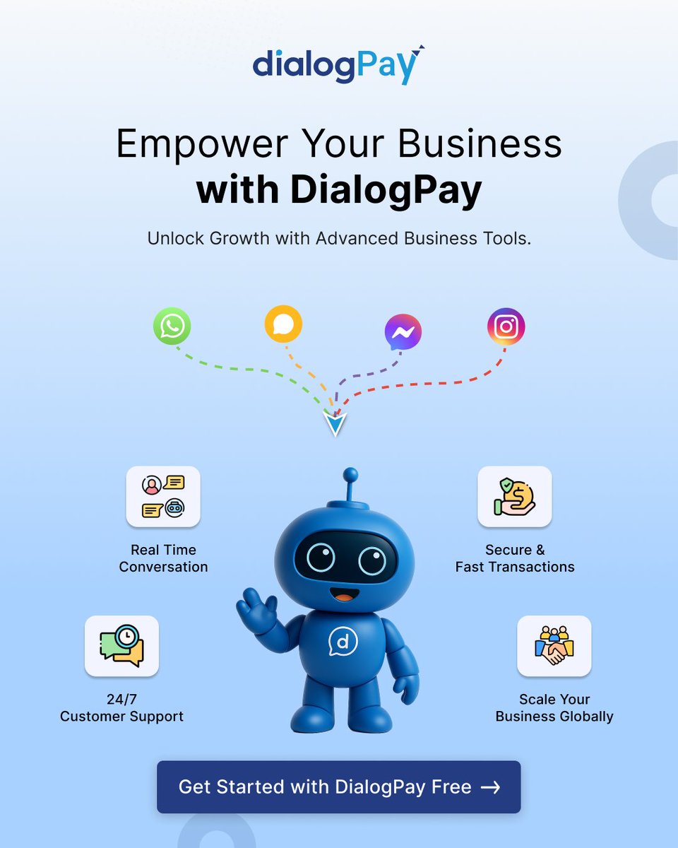 DialogPay's tweet photo. Grow smarter with DialogPay 🚀

Real-time conversations, 24/7 support, and secure, fast transactions all in one platform. Empower your business and scale globally with ease.

#DialogPay #Fintech #BusinessGrowth #DigitalPayments #Automation #SmartBusiness https://t.co/mzPyObU3gP