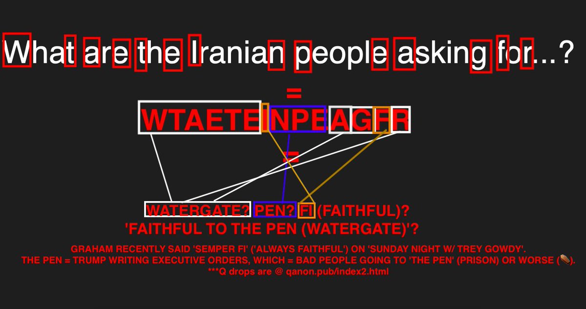 227Cygnus's tweet image. Graham asked, "What are the Iranian people asking for..." twice, which may have been a reference to the #QMAP; When you take the 1st &amp;amp; last letter of each word, they spell out a coded msg...Repeated phrases are not coincidences.

Is Graham coding 'faithful to the pen