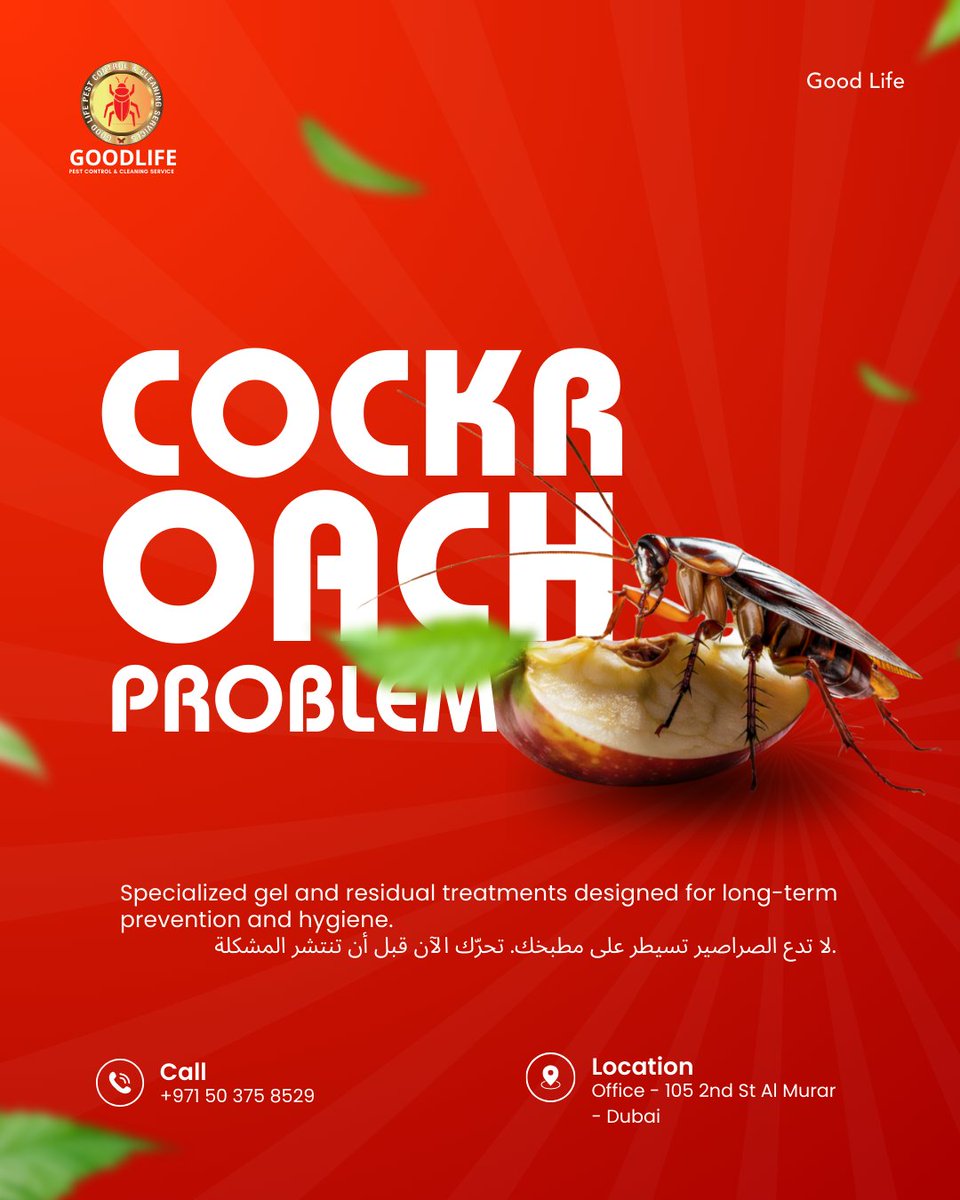 Goodlife_2026's tweet photo. Don’t let cockroaches take over your kitchen. Act now before the infestation spreads. Call today for fast and effective treatment!

لا تدع الصراصير تسيطر على مطبخك. تحرّك الآن قبل أن تنتشر المشكلة. اتصل اليوم للحصول على علاج سريع https://t.co/gkxF7vRGC8