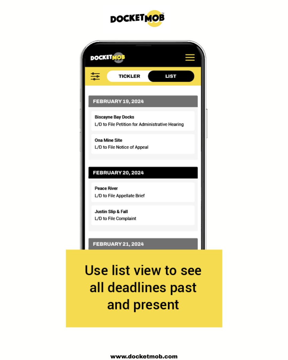 DocketMob's tweet image. Track every deadline  past and upcoming  in one clear list view.

Stay organized.
Stay proactive.
Stay ahead.

#DocketMob #Paralegal #LegalAssistance #LegalTech