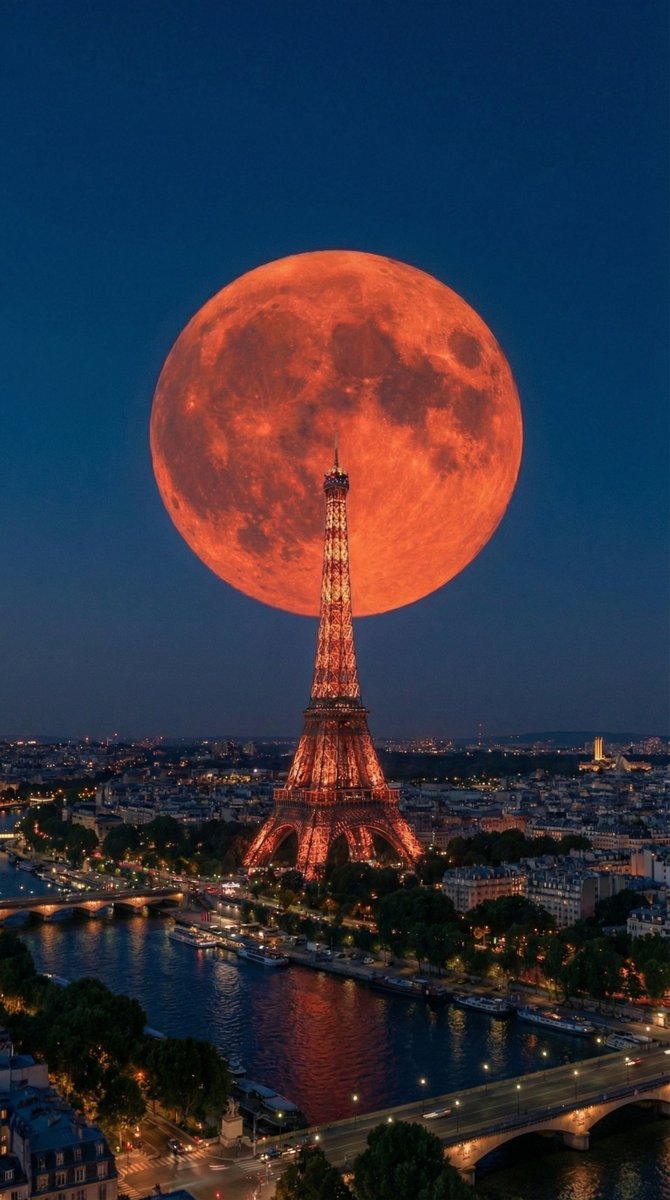 NightSkyToday's tweet image. BREAKING🚨: Blood Moon Rises Above the Eiffel Tower🌕