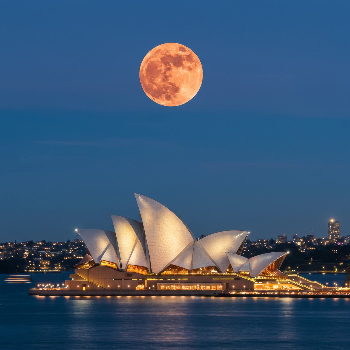NatureScienceA1's tweet photo. Blood moon rises over the Sydney Opera House.🔭🌕
The moon in this image appears much larger relative to the Opera House than it would in reality because of using a 600mm telephoto lens using Long focal length from Lavender Bay.
It will peak at 3:33AM. https://t.co/oHlnmNDtMl