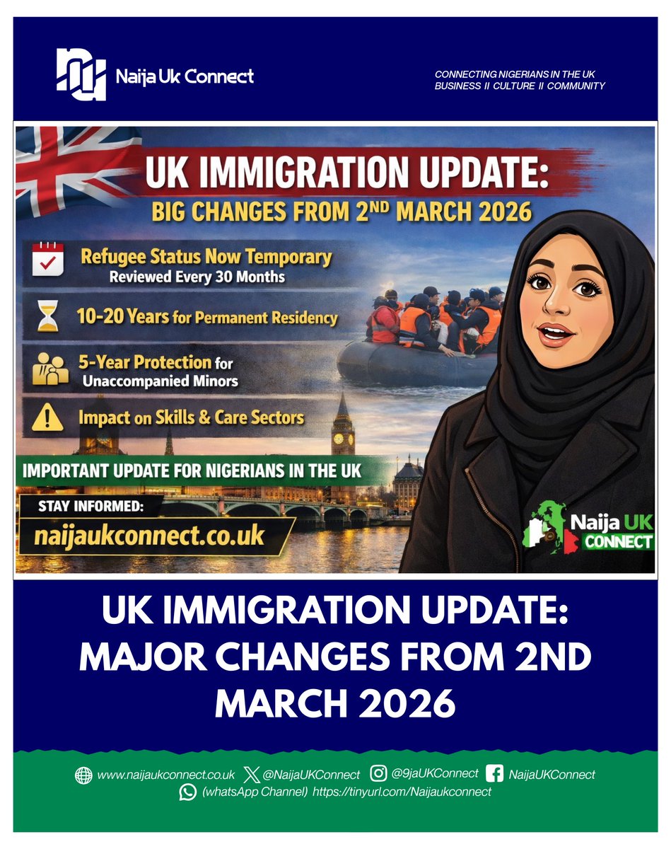 Naijaukconnect's tweet image. 🇬🇧✈️ Big changes to UK asylum &amp;amp; refugee rules start 2nd March 2026!

Refugee status now temporary ⏳

30-month reviews for asylum cases

Permanent residency could take 10–20 years

Read more: naijaukconnect.co.uk/2026/03/03/uk-…

#UKImmigration #NigeriansInUK #AsylumUpdate #VisaNews