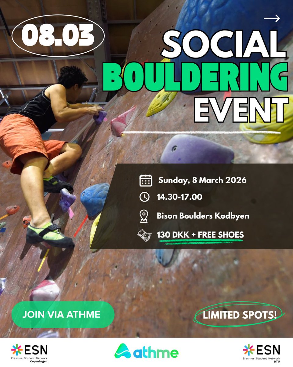 athmeapp's tweet photo. Looking to meet internationals in Copenhagen? 👀

Join our upcoming bouldering event for an afternoon of sport and networking. ESN cardholders are eligible for a 15% discount.

Register on the athme app to secure your spot. https://t.co/gS1wkYzbKr