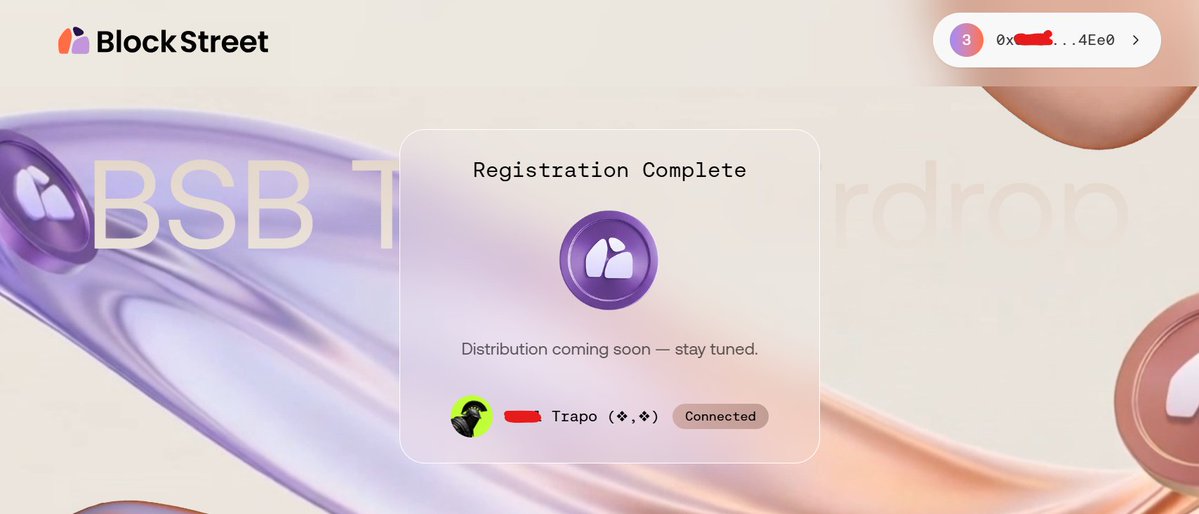 0xTrapo's tweet image. 𝐔𝐩𝐝𝐚𝐭𝐞 𝐨𝐧 𝐁𝐥𝐨𝐜𝐤𝐬𝐭𝐫𝐞𝐞𝐭: 𝐚𝐢𝐫𝐝𝐫𝐨𝐩 𝐫𝐞𝐠𝐢𝐬𝐭𝐫𝐚𝐭𝐢𝐨𝐧

I almost missed this, ends in less than 24h, and claim is tomorrow? 🤔

Did daily tasks for quite a bit but wasn't consistent in February, let's see!

Register: blockstreet .money/airdrop
