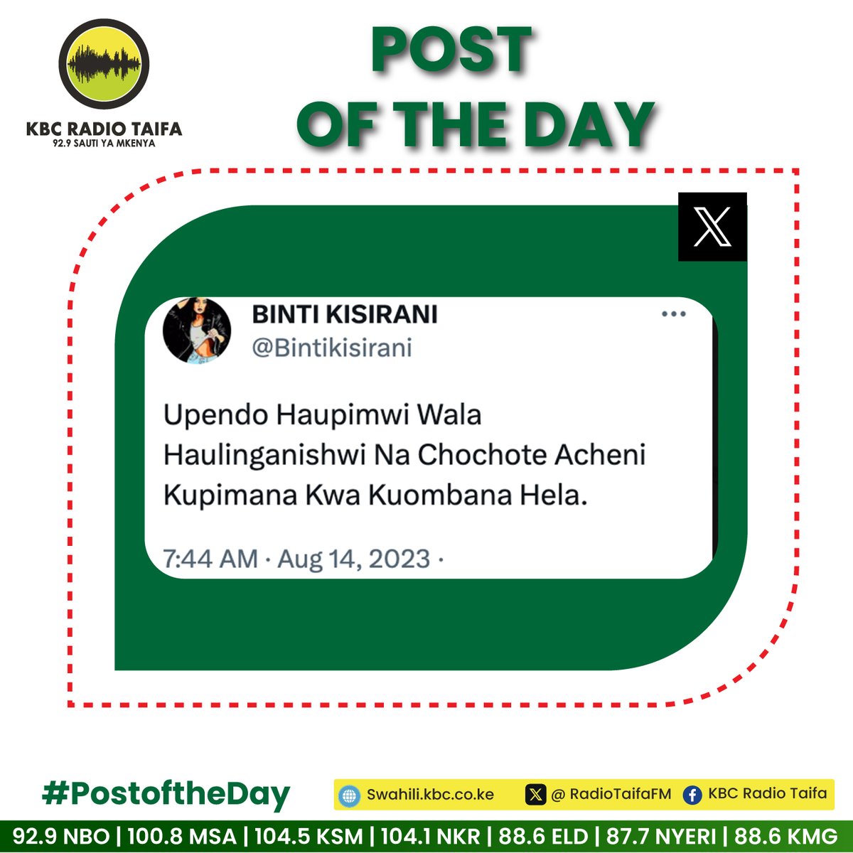 RadioTaifaFM's tweet image. #postoftheday Unakubaliana na huu ujumbe wa @Bintikisirani kwa asilimia ngapi ?

#KBCRadioTaifa ^FN