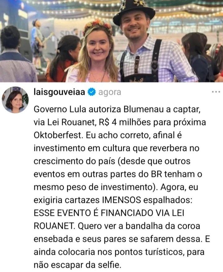 Bom dia deputada <a href="/apropriajulia/">Júlia Zanatta</a> então quer dizer que o GOVERNO LULA autorizou captar recursos da Lei Rouanet para a cultura catarinense ?? Conte-nos mais sobre isso.
Torcendo pra galera esquerdista de SC espalhar cartazes só pra ver sua cara.
LULA REELEITO 🇧🇷