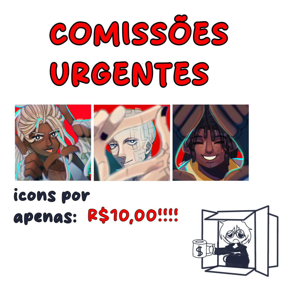 Bom dia a todos, eu nao gosto de trazer mas notícias ou algo assim.
Eu perdi 360 reais no meu cartão e agora só falta 50 reais para conseguir pagar, por isso estou abrindo comms de emergência :'D

POR APENAS 10 REAIS você receberá um icon desenhado por mim