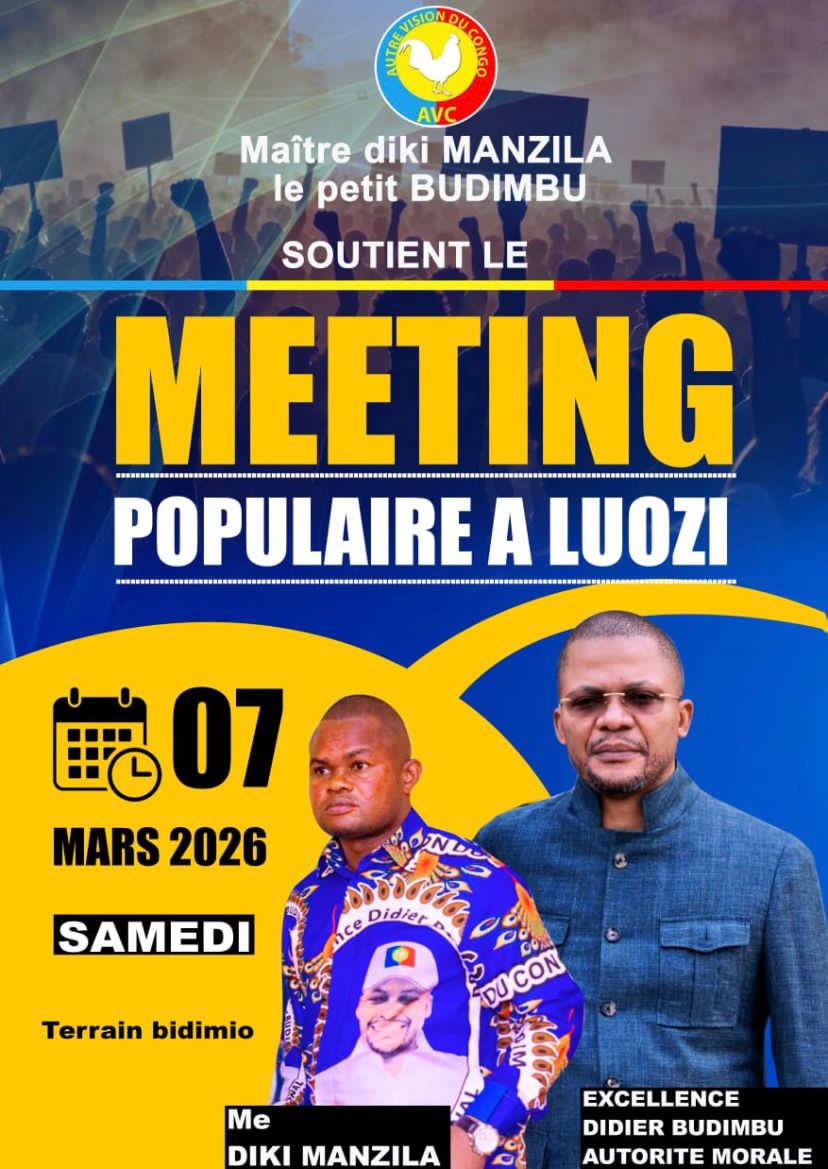 GabrielMavinga3's tweet photo. Me. DIKI MANZILA cadre du parti AUTRE VISION DU CONGO soutient avec ferveur le meeting populaire de son Autorité Morale Me. Didier Bidimbu Ministre des sports et loisirs qui se tiendra à LUOZI le samedi 07 mars au terrain BIDIMIO. Le petit Budimbu un fidèle lieutenant de son AM. https://t.co/E2Ylvg1oX5