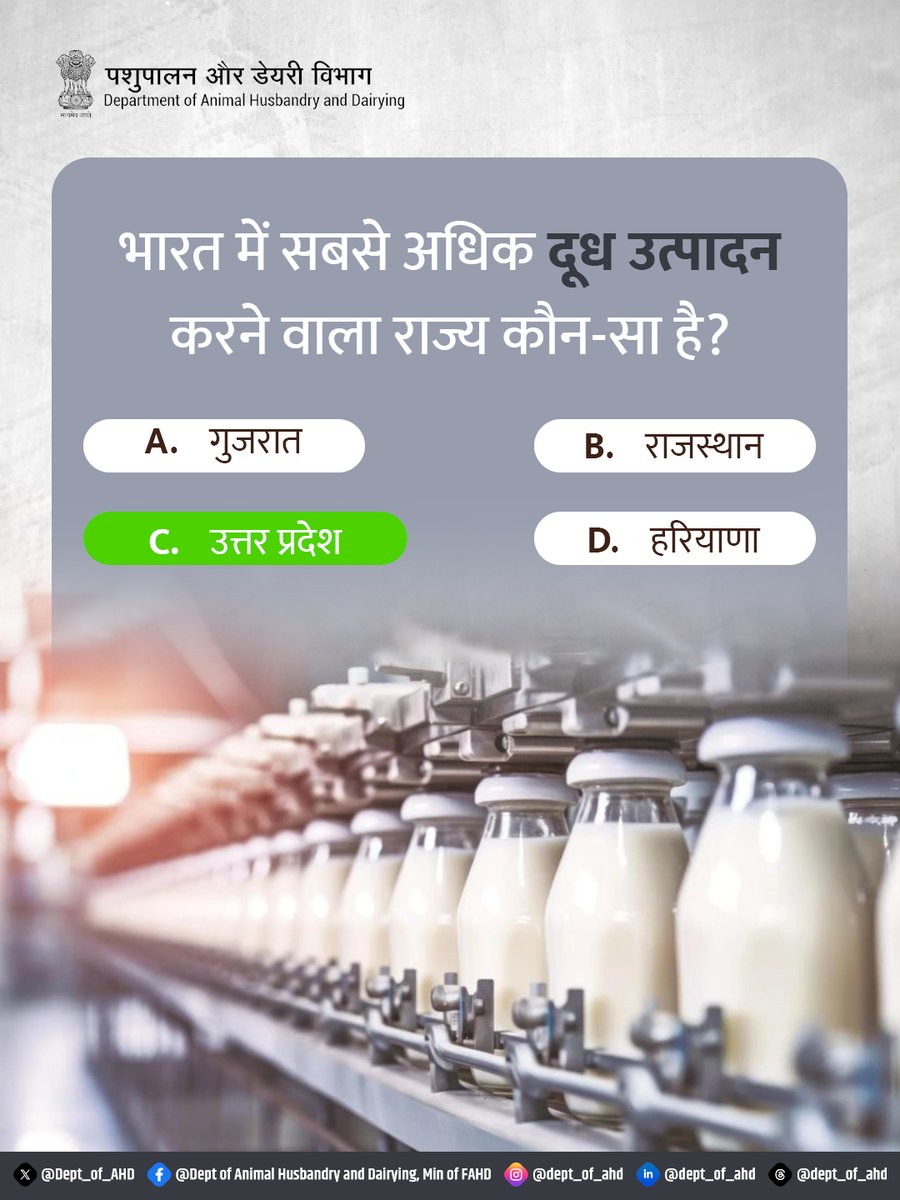 Dept_of_AHD's tweet image. 🥛 क्या आप जानते हैं?

भारत में सबसे अधिक दूध उत्पादन करने वाला राज्य कौन-सा है?

सही उत्तर कमेंट में लिखें 👇

#DairyDevelopment #MilkProduction #AnimalHusbandry #DairyFarming #LivestockSector #RuralEconomy #Kisan #MilkIndia #AgriAwareness