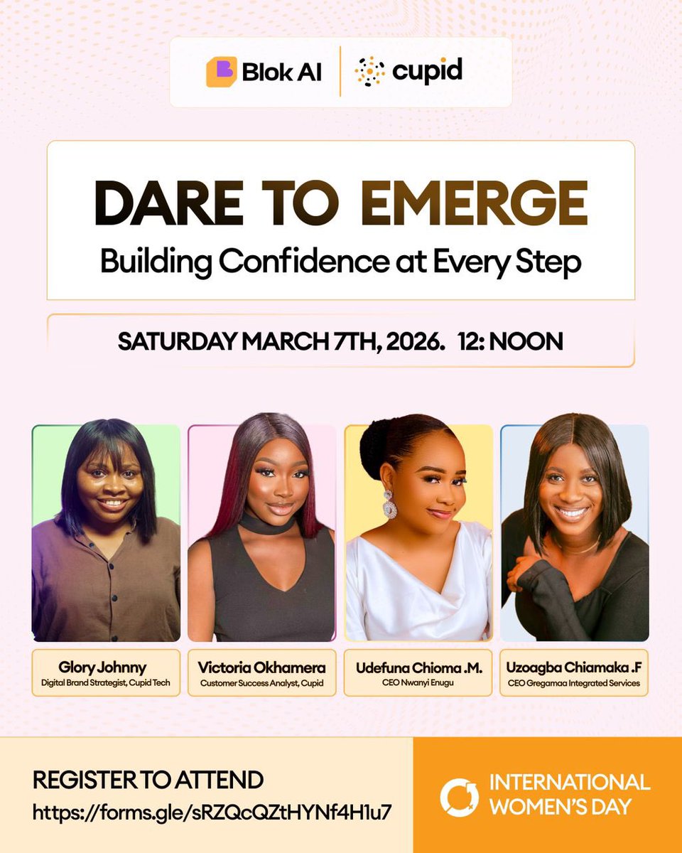 CupidTechhq's tweet photo. Saturday is looking GOOD and we are already feeling it. 🤩
Here’s a little peek at what we’ve been planning for you. Trust us, you want to be in that room.🤩

📅 March 7 · 12 Noon – 3PM · GRA, Port Harcourt
Strictly by registration 👉🏻 https://t.co/X0brSA8dMO

#DareToEmerge #GiveToGain #IWD2026