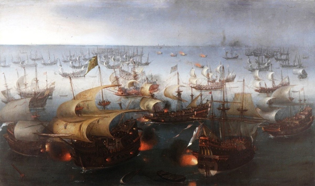 CachauPhilippe's tweet photo. En août 1588, #PhilippeII d’#Espagne engage l’invasion de l’#Angleterre d’#ElisabethI avec son "#Invincible Armada". L’opération échoue et la flotte sombre dans une violente tempête. On devrait tjrs être vigilant sur le nom donné. Le destin se charge souvent de le contrarier ! https://t.co/PT3W7ZlNe5