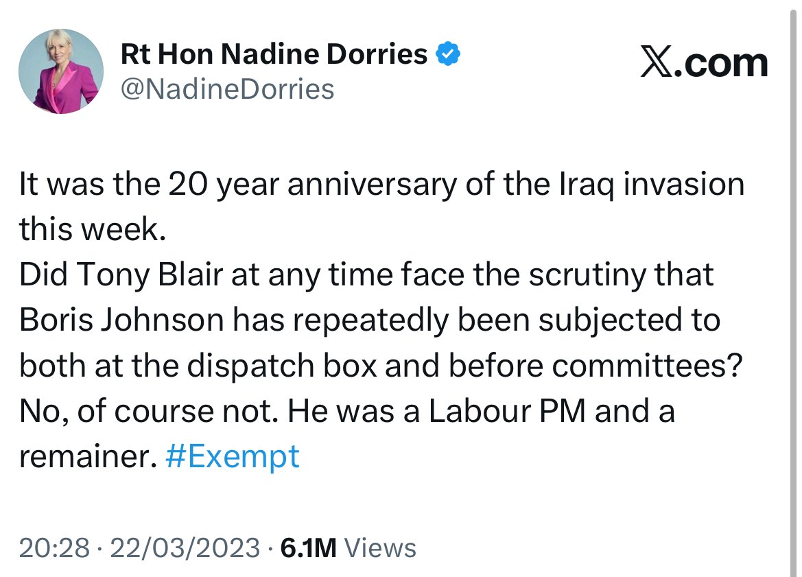 <a href="/NadineDorries/">Rt Hon Nadine Dorries</a> Pipe down, Nadine. You can’t rail against Blair for rushing into a bogus war and then also berate the PM who has learned from his mistakes.