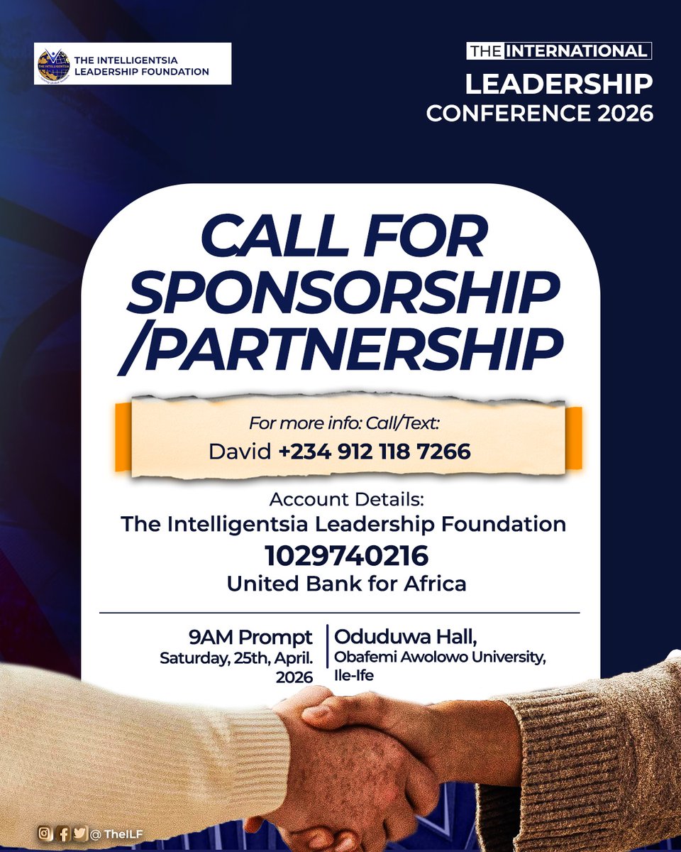 We are calling on brands, organizations, and individuals who believe in raising globally competitive leaders to come as sponsors and partners.

Let us build something that outlives us.

April 25th, 2026. Oduduwa Hall, OAU.

Reach out: theintelligentsialeadership@gmail.com or a DM