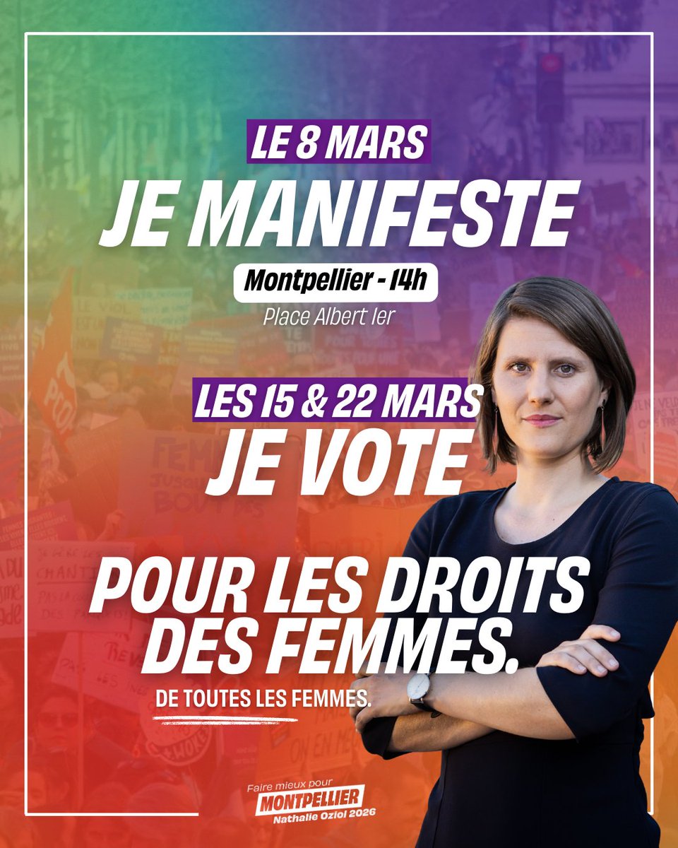 ✊🟣 Le 8 mars, je manifeste pour les droits des femmes. De toutes les femmes. J'y serai avec les militant·es de #FaireMieuxPourMontpellier. 

Le 8, je défends les droits des femmes dans la rue et dans les urnes et les 15 et 22 mars ! 

Et toi, tu seras au RDV ?