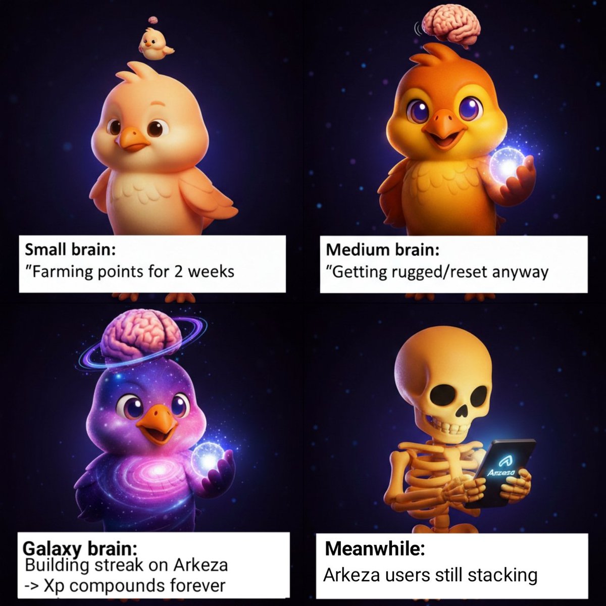T_dakolo's tweet photo. Small brain vs Galaxy brain on Web3 life 😂

Meanwhile true Arkeza stackers keep compounding XP forever
#ArkézaMemes @Arkeza_hub https://t.co/ubbICI079i