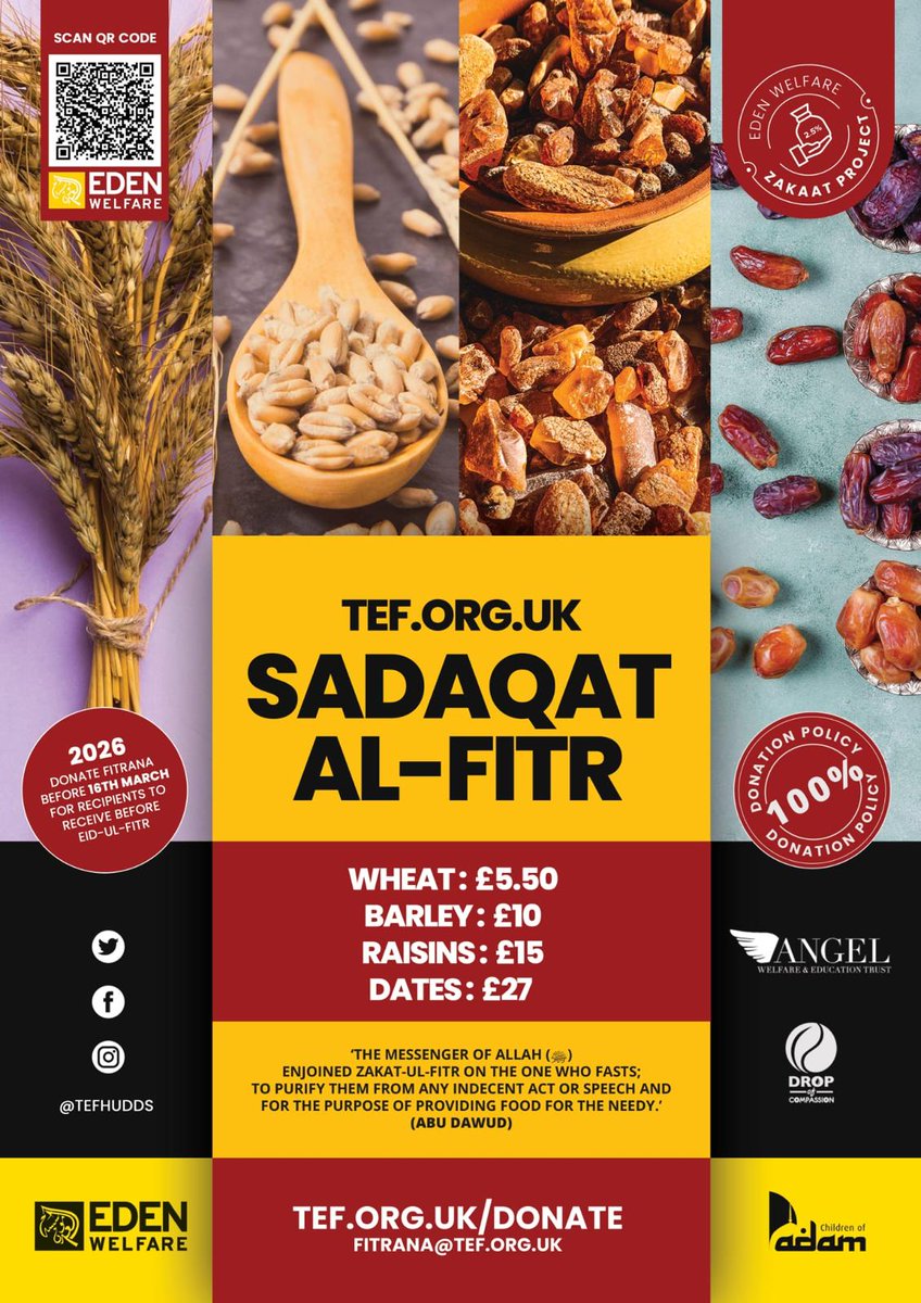 Assalamu Alaikum,

Please kindly ensure that your Fitrana is given by 16th March, so that it can reach those in need in time for Eid.

You can donate via the link below:

tef.org.uk/donate/fitrana

JazakAllah 
#edenfoundation #fitrana #sadaqatulfitr