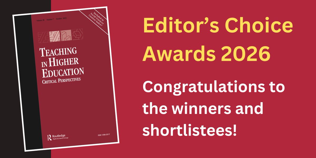 TeachinginHE's tweet photo. 🚨 Editors’ Choice Awards for 2026 🚨

Teaching in Higher Education has awarded two articles (one research paper and one Points of Departure piece) and shortlisted five articles and one POD – see the winners and shortlistees from the link below! ⬇️

https://t.co/RaUrdPaBrS https://t.co/o9YfqownSV