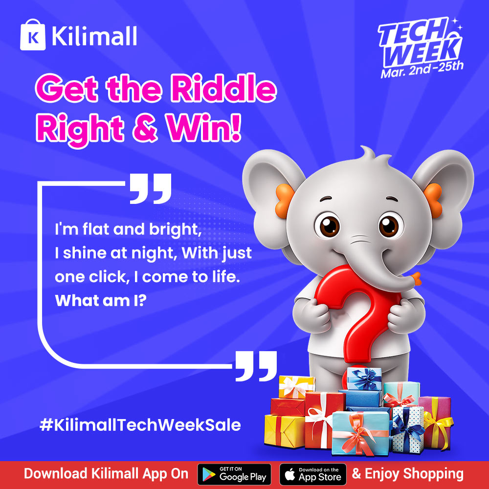 Kilimall's tweet photo. Get the Riddle Right & Win!🎁🥳
✨I'm flat and bright,
✨I shine at night,
✨With just one click, I come to life.
What am I?
✅The first person to get it right wins a free gift courtesy of #KilimallTechWeekSale >> https://t.co/7Pt20lqDs5 which is running till 25th March🥳Don't miss out, nyakua hiyo laptop, simu, cooker, Fridge, anything tech na bei ya kupewa leo!
Download the Kilimall app from play store/app store and enjoy affordable shopping!🛒💃
#Kilimall #Phones #Fridge #Speaker #Laptop #offer #discount