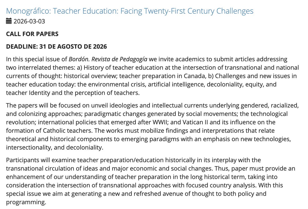 JonIgelmo's tweet photo. Para los/as interesados: abierto el plazo (hasta 31-8-2026) para el envío de manuscritos del monográfico titulado "Teacher Education: Facing Twenty-First Century Challenges" que voy a editar junto con R. Bruno-Jofré (Queen's University) en @Bordonsep. Ver: https://t.co/qpioCk2FJa https://t.co/1fCJgMGjjx