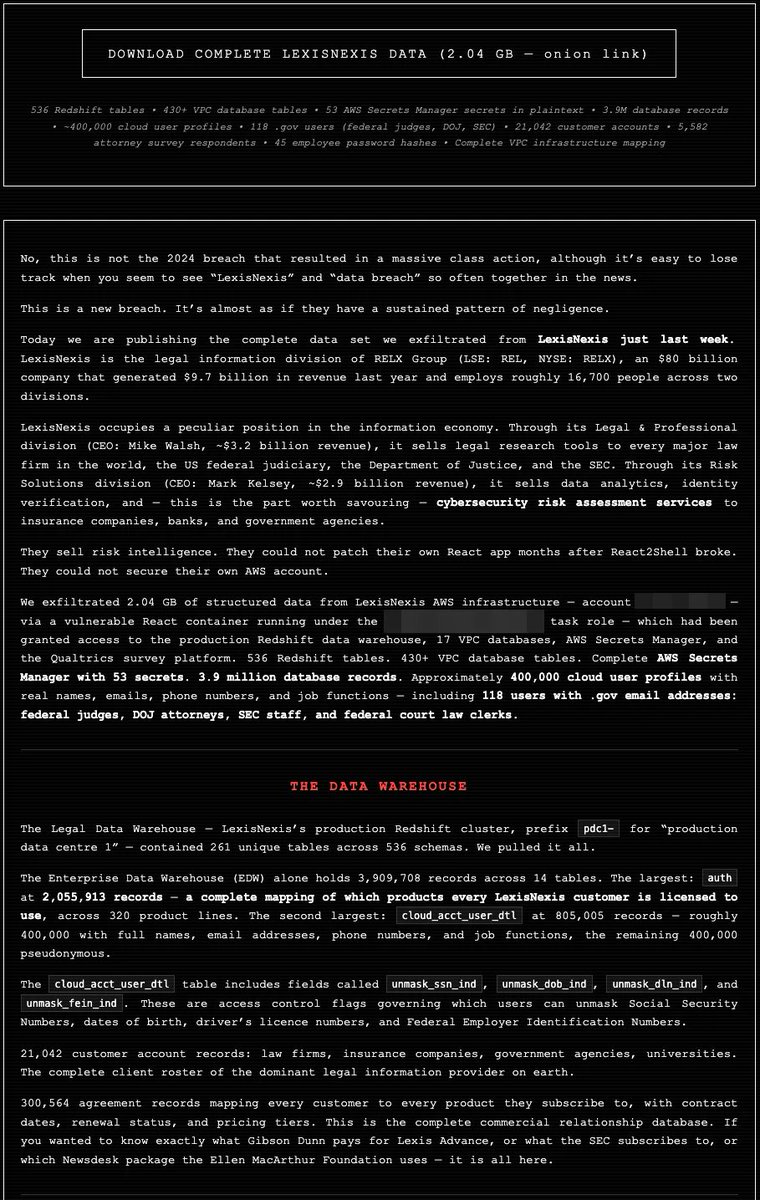 United States 🇺🇸 - LexisNexis has allegedly been breached, exposing 400,000 user profiles, federal judge and DOJ accounts, plaintext AWS secrets, customer passwords, and internal IT infrastructure maps. dailydarkweb.net/lexisnexis-inv…
