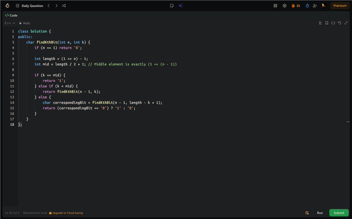 PankajB42550's tweet photo. 🚀 Solved: Find Kth Bit in Nth Binary String (@LeetCode Daily)

Recursive: If k is middle → '1'. If k < middle → search left. If k > middle → find mirrored bit and invert.

✔ O(n) time
🔥 #Day35/90

#LeetCode #DSA #Recursion #BinaryString #ProblemSolving #CPlusPlus https://t.co/pxX4HPcrfu