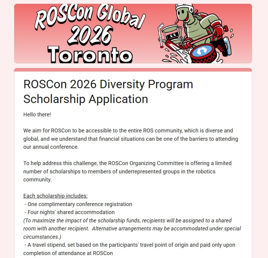 OyefusiSamuel's tweet photo. ROSCon 2026 is around the corner, and the Diversity Scholarship is live!
If you’ve been looking for a way to dive deeper into ROS, connect with the community, or share your work, this is your chance.
Encourage a friend, mentor someone, spread the word! 🔧🤖 #ROSCon #Diversity https://t.co/rkUmMtTSe7