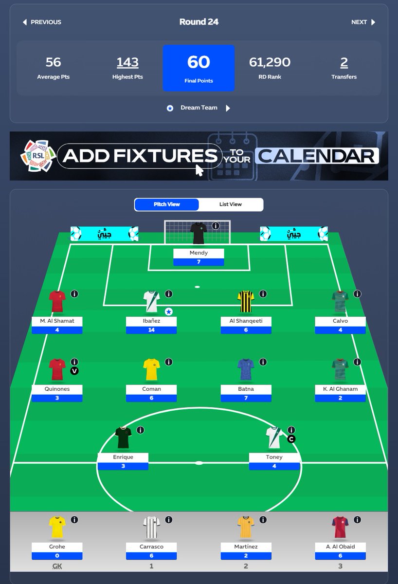 FMFansID's tweet image. Round 24 #SPLFantasy 🇸🇦 Result :

60pts

Joao Felix (13) 🔄 Coman (6)
Sakala (2) 🔄 Batna (7)

© Toney blank again. Luckily with slightly green arrow 😅

📌 OP : 1908pts
🌎 OR : 23.588 🔺
