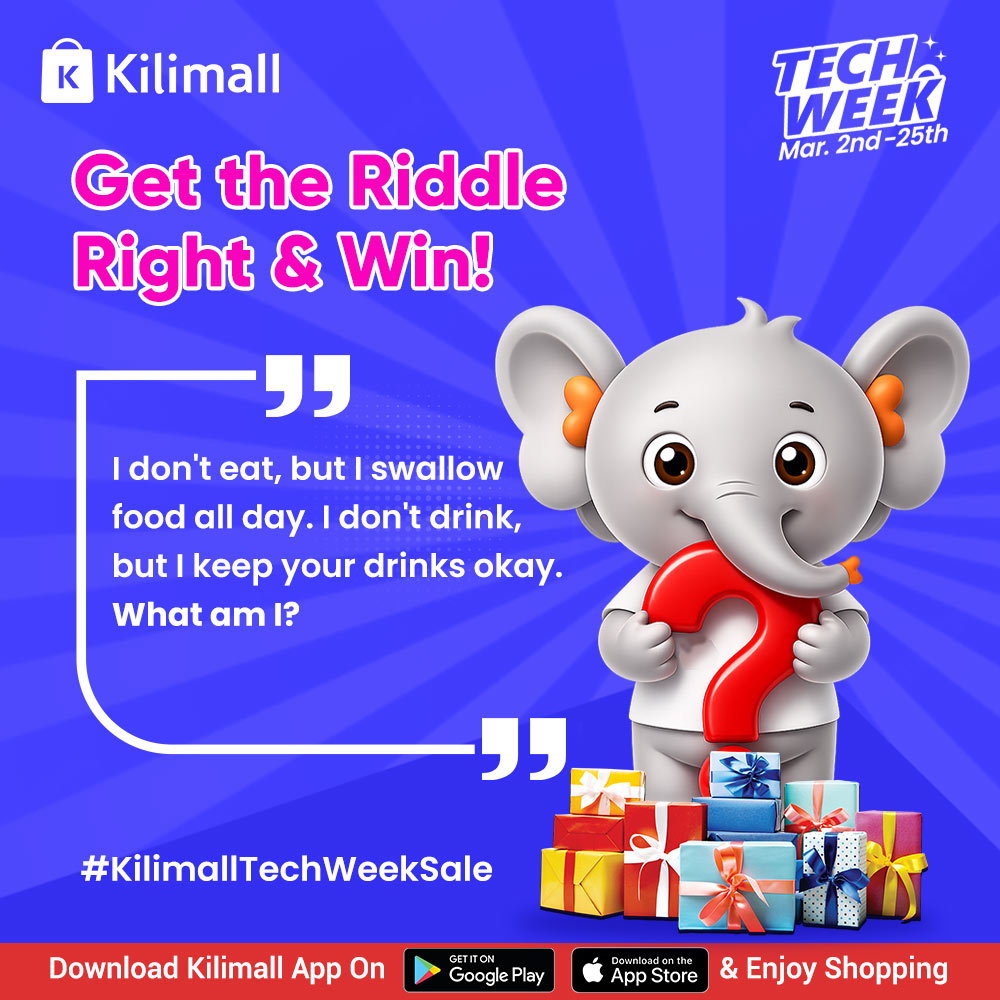 Kilimall's tweet photo. Get the Riddle Right & Win!🎁🥳
✨I don't eat, but I swallow food all day.
✨I don't drink, but I keep your drinks okay.
What am I?
✅The first person to get it right wins a free gift courtesy of #KilimallTechWeekSale >> https://t.co/7Pt20lrbhD which is running till 25th March🥳Don't miss out, nyakua hiyo laptop, simu, cooker, Fridge, anything tech na bei ya kupewa leo!
Download the Kilimall app from play store/app store and enjoy affordable shopping!🛒💃
#Kilimall #Phones #Fridge #Speaker #Laptop #offer #discount