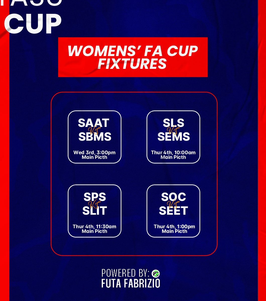futafabrizio's tweet photo. 🔥 FUTASU FA CUP LADIES CATEGORY 🔥

8 faculties. Straight to the semi-finals. No second chances.

It’s all or nothing from the first whistle as FUTA Ladies battle for pride and glory. 🏆⚽

Game on. 💪🔥
#futasufacup #futaladies ##futasports https://t.co/btIAdCMujw