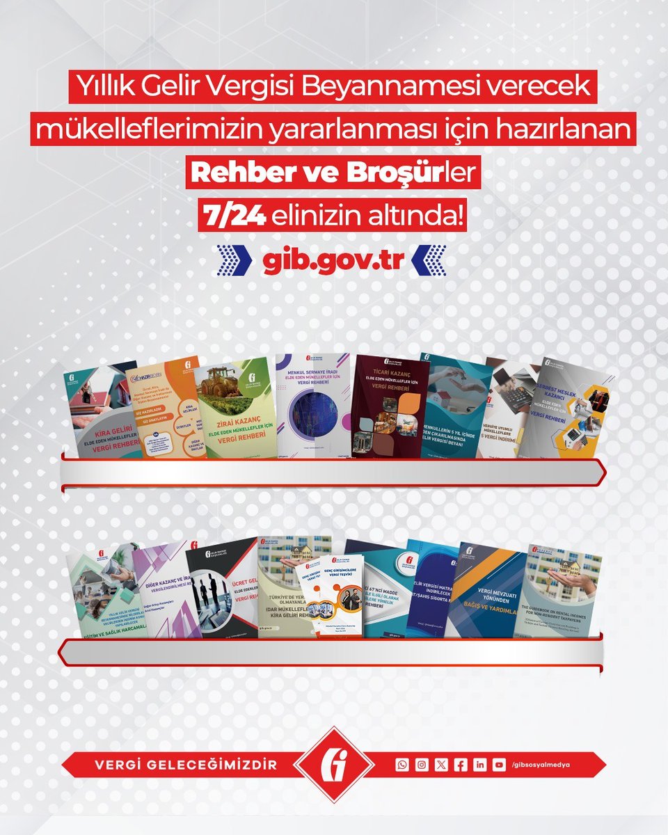 gibsosyalmedya's tweet photo. Mükelleflerimizin, yıllık gelir vergisi beyannamesini verirken yararlanabilecekleri Rehber ve Broşürlere sitemizden (https://t.co/lt7GUoszwW) ulaşabilirsiniz.

https://t.co/YOXdHYYbHW

#GİB #VergiGeleceğimizdir https://t.co/HkbeP1L6o1